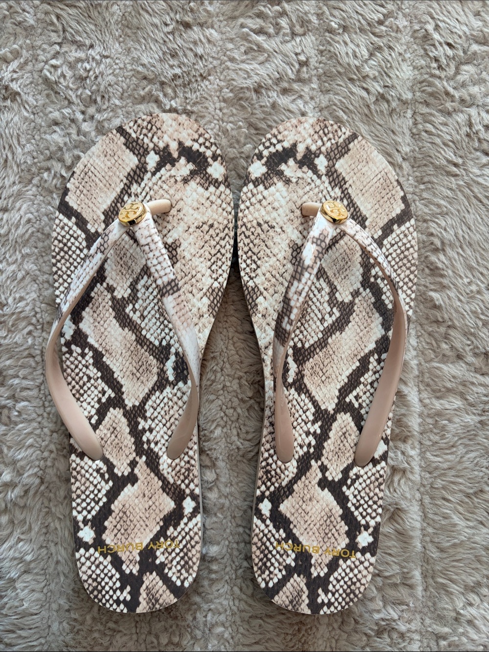 Tory Burch Beige Snake-Print Flip Flop Sandals with Gold Logo